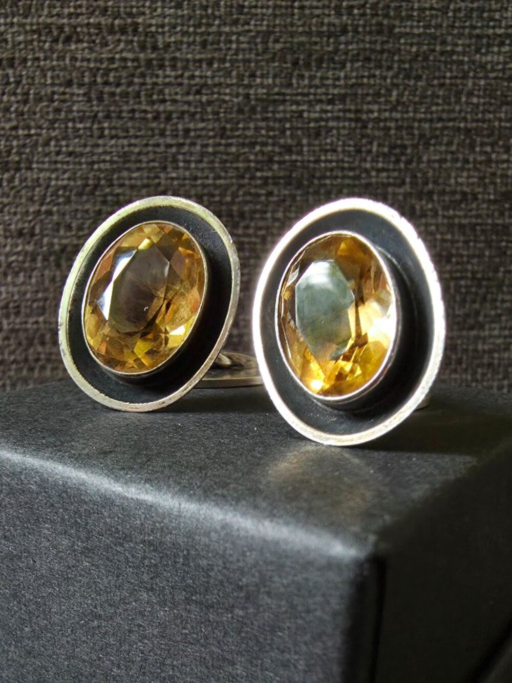 800 Silver & Citrine CHRISTOPH KAY Shadowbox Cufflinks | Oxidized Sterling | VTG